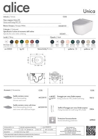 Унитаз, Alice, Unica, безободковый (с открытым смывным краем), тип установки-подвесной, ширина, мм-350, глубина, мм-550, высота, мм-345, форма чаши-овальная, выпуск-горизонтальный, материал-керамика, сиденье-необходимо заказать, вид грязеотталкивающего по, артикул 32240108