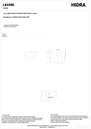 Hidra Lavabi, подстольная прямоугольная раковина 55x40x20h см, цвет белый глянцевый, артикул A118/001