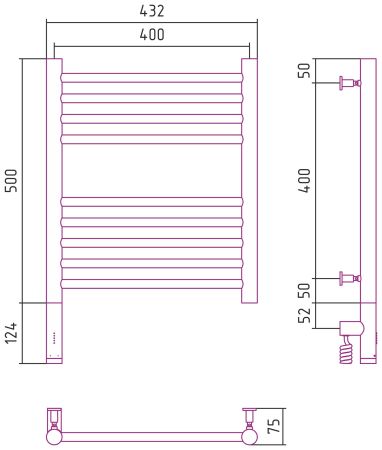 Полотенцесушитель, Сунержа, Богема 3.0, электрический, прямая, ширина, мм-432, глубина, мм-75, высота, мм-624, межосевое расстояние-400, нагревательный элемент-ТЭН, подключение-нижнее слева, электрокомплект-МЭМ, мощность, Вт-300, материал-нержавеющая стал, артикул 00-5804-5040