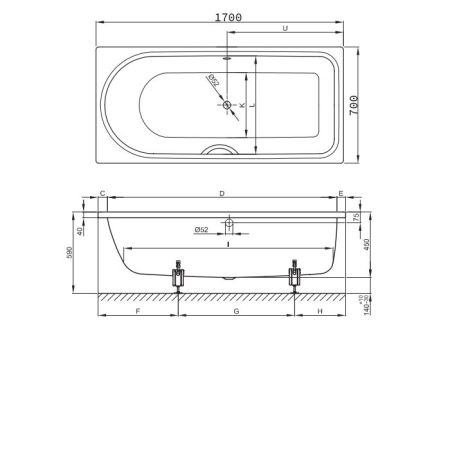 BETTE Ocean Ванна с шумоизоляцией 170х70x45см, сторона ног справа, перелив спереди.с самоочищающимся покрытием BetteGlasur ® Plus, цвет белый, артикул 8853-000 PLUS