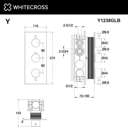 Смеситель термостатический для душа скрытого монтажа WHITECROSS Y Y1238GLB (брашированное золото), артикул Y1238GLB