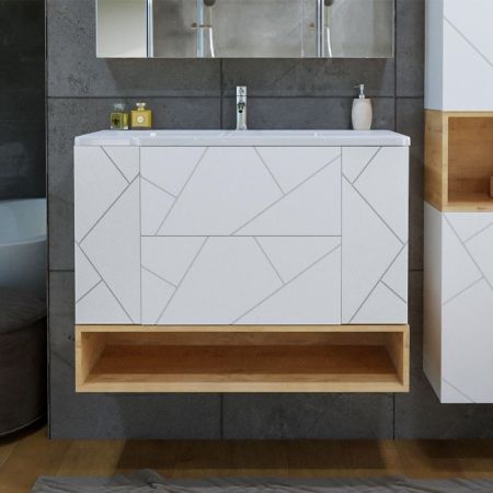 Тумба с раковиной и нишей Бриклаер КРИСТАЛЛ 100B, белый/дуб бунратти, артикул КРИСТАЛЛ 100B