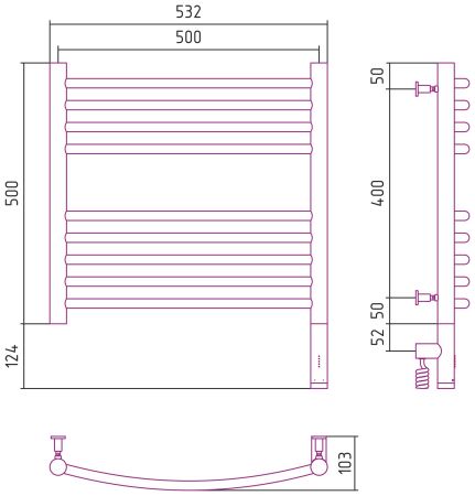 Полотенцесушитель, Сунержа, Богема 3.0, электрический, ширина, мм-532, глубина, мм-103, высота, мм-632, межосевое расстояние-500, перемычка-выгнутая, подключение-нижнее справа, электрокомплект-МЭМ, мощность, Вт-300, материал-нержавеющая сталь, назначение-, артикул 15-5803-5050