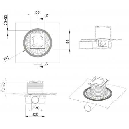 Трап BERGES водосток ZENTRUM Norma 100х100, хром глянец, выпуск D50 H65 боковой, артикул 091362