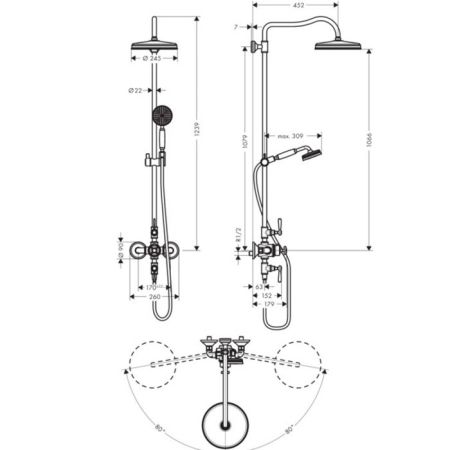 AX Montreux Душевая стойка с термостатом и верхним душем d=240мм, цвет: полированное золото, артикул 16572990