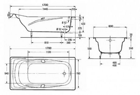 E2918-S-00 ванна REPOS /170x80/ (бел) без отв, под ручки, без антискользящего покрытия, артикул E2918-S-00