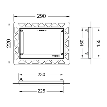 Монтажная рамка, TECEloop, 220*290 мм, для установки стеклянных панелей на уровне стены, регулировка глубины 5-18 мм, комплект поставки: монтажная рамка, инструмент для монтажа/демонтажа панели смыва, позолоченная, артикул 9240648