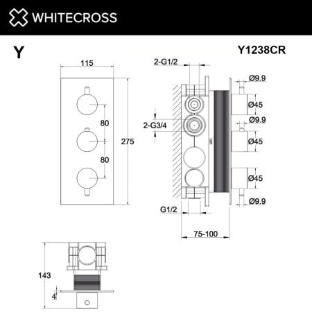 Смеситель термостатический для душа скрытого монтажа WHITECROSS Y Y1238CR (хром)