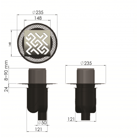Трап BERGES водосток PLATZ Antik 150х150, золото глянец, S-сифон D50/105 H50 вертикальный, артикул 092061