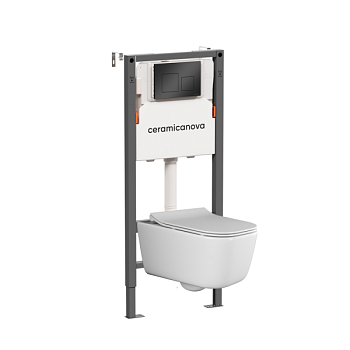 Комплект Подвесной унитаз Новый день (New day) Безободковый (Rimless) + Система инсталляции Баланс (Balance) кнопка Квадрат (Square), черный матовый