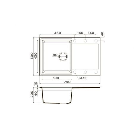 Мойка, OMOIKIRI, Sakaime, с крылом, ширина, мм-790, глубина, мм-500, высота, мм-240, тип установки-встраиваемый, отверстия для смесителя-6 промаркированных, с переливом, сифон и донный клапан в комплекте, материал-Tetogranit, крепления в комплекте, цвет-L, артикул 4993553