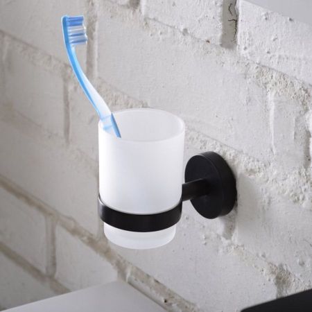 Стакан X-ROUND BLACK одинарный для зубных щёток с держателем, черный, Sapho