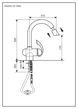 Emmevi Ramses, кухонный смеситель с поворотным изливом и вытяжным носиком, цвет хром, артикул 72066CR