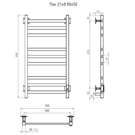 Полотенцесушитель электрический (лесенка) Тругор Пэк сп 21 кв 80х50 см, черный, артикул ПЭК сп 21кв/8050черныйВГП