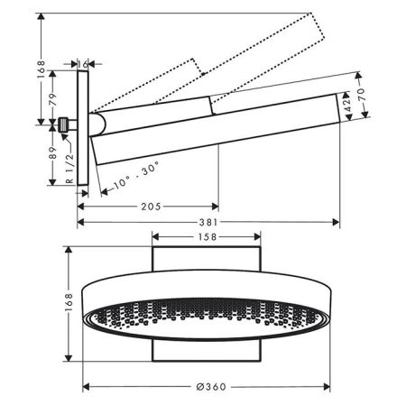 Верхний душ, Hansgrohe, Rainfinity, тип установки-настенный, ширина, мм-360, глубина, мм-381, высота, мм-168, форма-круглая, количество режимов-1, тип струи-PowderRain, держатель-есть, цвет-матовый черный, диаметр душевой лейки,мм-360, душевой кронштейн в, артикул 26230670