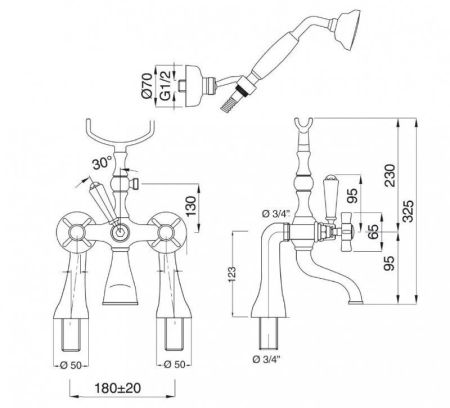 Смеситель на борт ванны с ручным душем CEZARES GOLF-PBV
