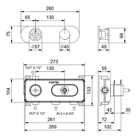 Fantini Fontane Bianche Смеситель настенный встраиваемый, термостатический, с переключателем на 2 положения, цвет Matt Gun Metal PVD, артикул 47 P5 P372B