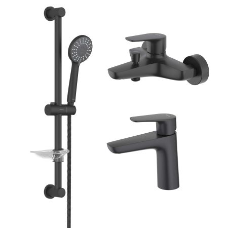 AQ1110MB БЕТТА смеситель для раковины 98, без донного клапана, матовый черный + AQ1140MB БЕТТА смеситель для ванны, матовый черный + AQ2013MB БЕТТА душевой гарнитур 3jet 65 см, матовый черный, артикул AQ1130MB