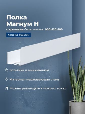 Полка Aquanet Магнум Н 90x12 белая матовая, с крючками, артикул 00341541