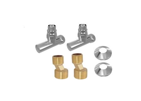 Комплект фитингов для нижнего подключения водяных полотенцесушителей типа лесенка Aquatek ( вентиль круглый г/ш 3/4х1/2 - 2 шт + эксцентрик 3/4х1/2 - 2 шт + отражатель 3/4 - 2 шт), цвет хром