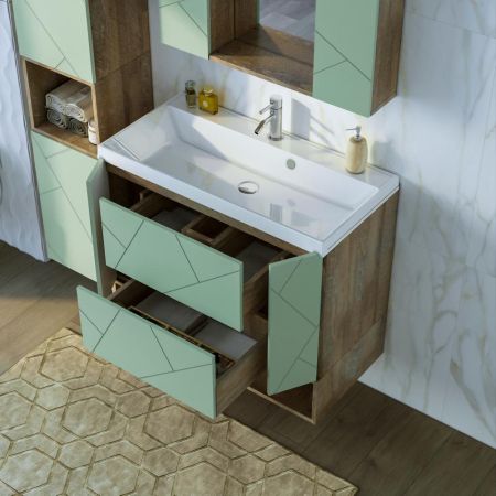 Тумба с раковиной и нишей Бриклаер КРИСТАЛЛ 90F, фисташковый/дуб гранж песочный, артикул КРИСТАЛЛ 90F