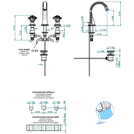 THG ROSE Смеситель для раковины на 3 отверстия, с донным клапаном, цвет полированное золото
