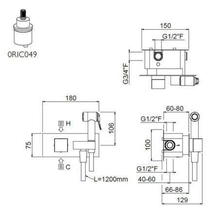 Гигиенический душ, Carimali, IlQuadro, смеситель-в комплекте, шланг-есть, длина шланга, мм-1200, держатель-в комплекте, квадратная пластина и ручки, материал-латунь/ABS пластик, цвет-хром, артикул 19710/C-120-CR