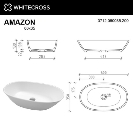 Умывальник WHITECROSS Amazon 60x35 (белый мат) иск. камень, артикул 0712.060035.200