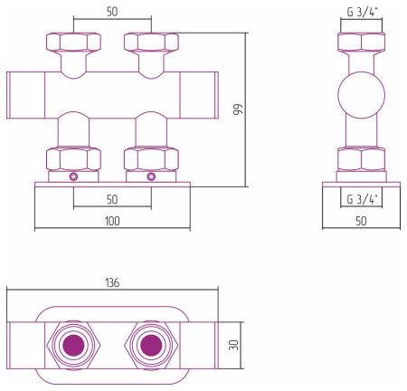 Вентиль 2х3/4" прямой скрытый-скрытый EU50 (Белый (RAL-9003)), артикул 12-1419-3434