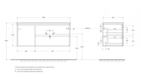 KRAFT База под раковину подвесная с двумя выкатными ящиками, одной распашн.дверцей, левосторонн.Cemento Grigio,1000x460x500, KRAFT-1000-2C-1A-SO-CG-L, артикул KRAFT-1000-2C-1A-SO-CG-L