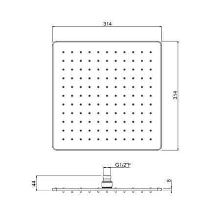 Верхний душ, Carimali, OttoMillimetri, инспектируемый, тип установки-настенный, потолочный, размер душевого диска, мм-300*300, форма-квадратная, держатель-необходимо заказать, цвет-хром, артикул 8MM0006CRX