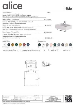 Alice Hide, подвесная прямоугольная раковина 50x35x13,5h см c крепежом fix01, цвет белый глянцевый, артикул 31270101S