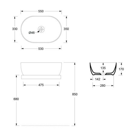 Раковина, Alice, Unica, ширина, мм-550, глубина, мм-350, высота, мм-170, тип установки-накладной (настольный), отверстия для смесителя-отсутствуют, без перелива, донный клапан-необходимо заказать, материал-керамика, вид грязеотталкивающего покрытия-Aligla