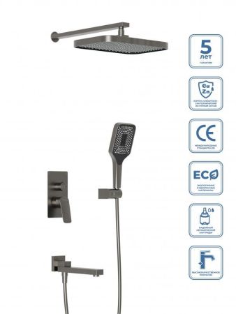 DUE Душевой комплект встраиваемый с изливом (смеситель встраиваемый, верхний душ, ручной душ со шлангом, штуцер с держателем), хром DUE-VDSET-CRM, артикул DUE-VDSET-CRM