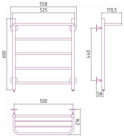 Электрический полотенцесушитель СТИЛЬЕ "Формат 30 Л" 600х500 (Полка + 4) П16 (Без покрытия), артикул 00531-6050
