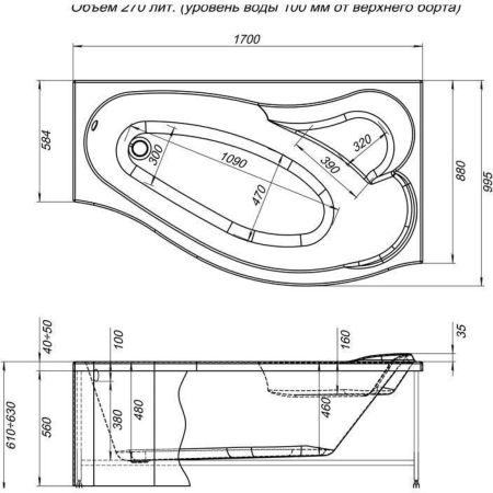 Акриловая ванна Aquanet Palma 170x90/60 R, артикул 00204023