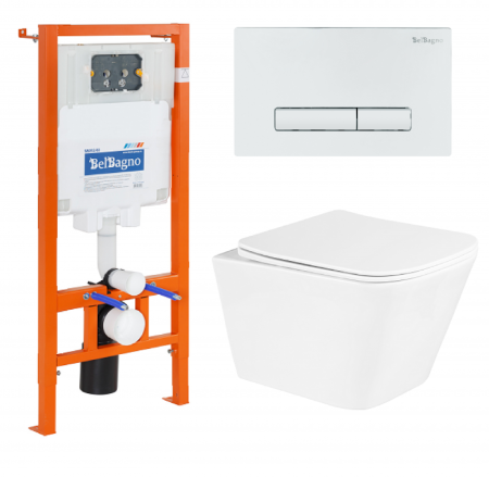 Комплект инсталляции BELBAGNO BB002-80 с унитазом DUE и клавишей смыва, артикул BB3103CHR/SC/BB002-80/BB014-SR-BIANCO