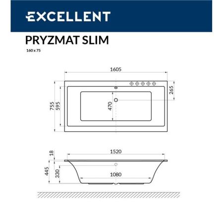 Ванна EXCELLENT Pryzmat Slim 160x75 "NANO" (хром), артикул WAEX.PRY16S.NANO.CR