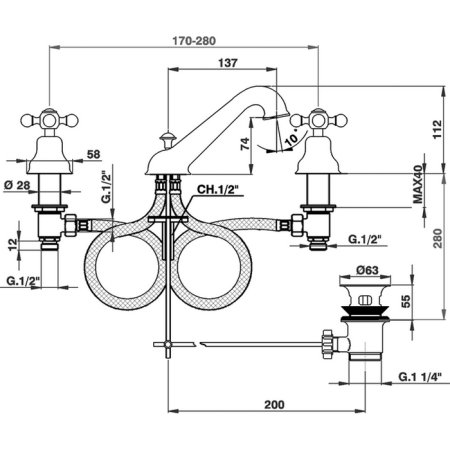 CISAL Arcana Ceramic Смеситель для раковины на 3 отверстия с донным клапаном, цвет бронза, артикул AC00102027