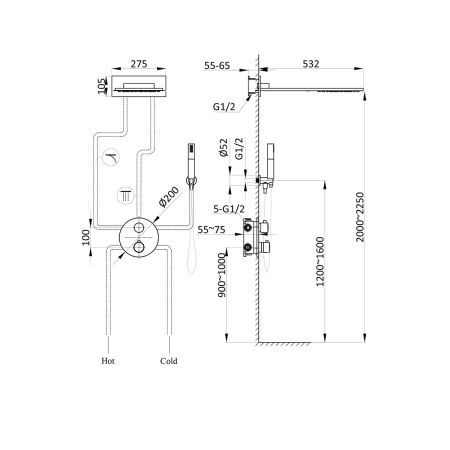 Душевой комплект VSFW-104TCH термостатический встраиваемый, двухрежимный, хром, артикул VSFW-104TCH