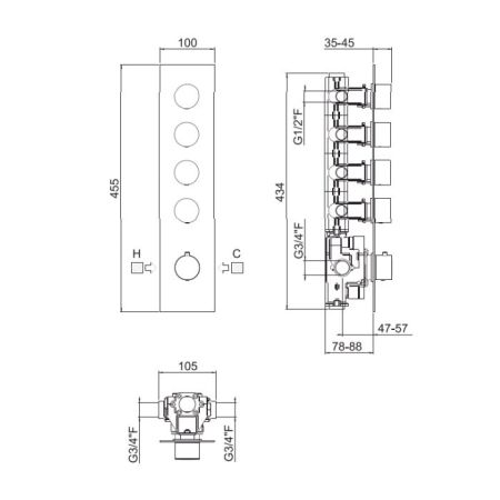 Смеситель для душа, Carimali, ILTONDO, тип открывания воды-вентильный, тип регулирования воды-термостатический картридж, с 5-ю независимыми выходами, монтаж-настенный встраиваемый, внутренняя часть-необходимо заказать, цвет-хром