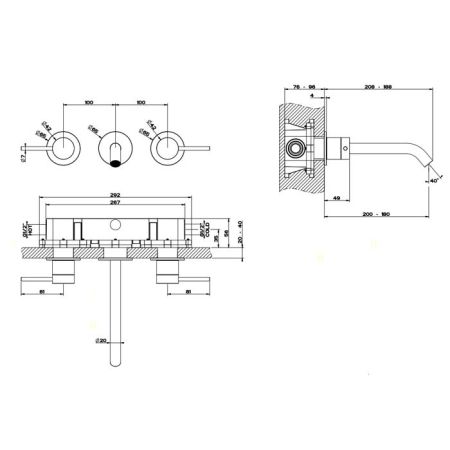 GESSI 316 Встраиваемый смеситель с изливом 200-180мм (внешние части), цвет: steel brushed, артикул 54094#239
