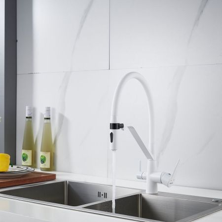 Смеситель для кухни с гибким изливом и подключением фильтра Shevanik S278C, белый, артикул S278C