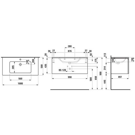 Laufen PRO S комплект: шкафчик с раковиной, 1000х500х460 мм, с раковиной Slim 1000 мм, 1 внутренний ящик, вкл.органайзер для ящика, белый матовый, артикул 8.6096.6.463.104.1