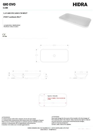 Hidra Gio,  встраиваемая прямоугольная раковина с закругленными краями 80x37x15h см, цвет белый матовый, артикул G180/006