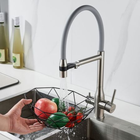 Смеситель для кухни с гибким изливом и подключением фильтра Shevanik S378L, сатин