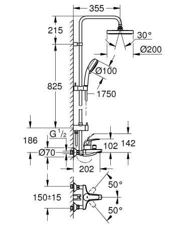 Душевая система GROHE Tempesta Cosmopolitan System 200 с однорычажным смесителем для ванны, хром (26305001), артикул 26305001