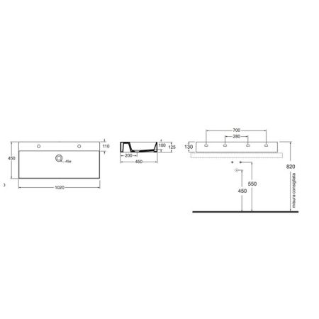 AZZURRA ELEGANCE Squared раковина подвесная/накладная 102х45см с 2 отв. под смеситель , цвет белый