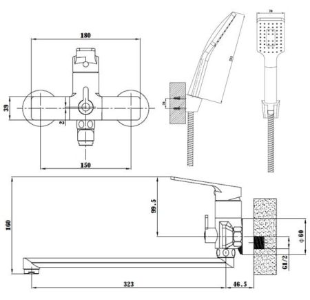 Смеситель Singapore black для ванны, излив 350мм, с акс., артикул:SB 31, артикул SB 31