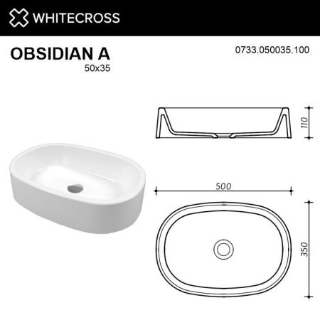 Умывальник WHITECROSS Obsidian A 50x35 (белый глянец) иск. камень, артикул 0733.050035.100